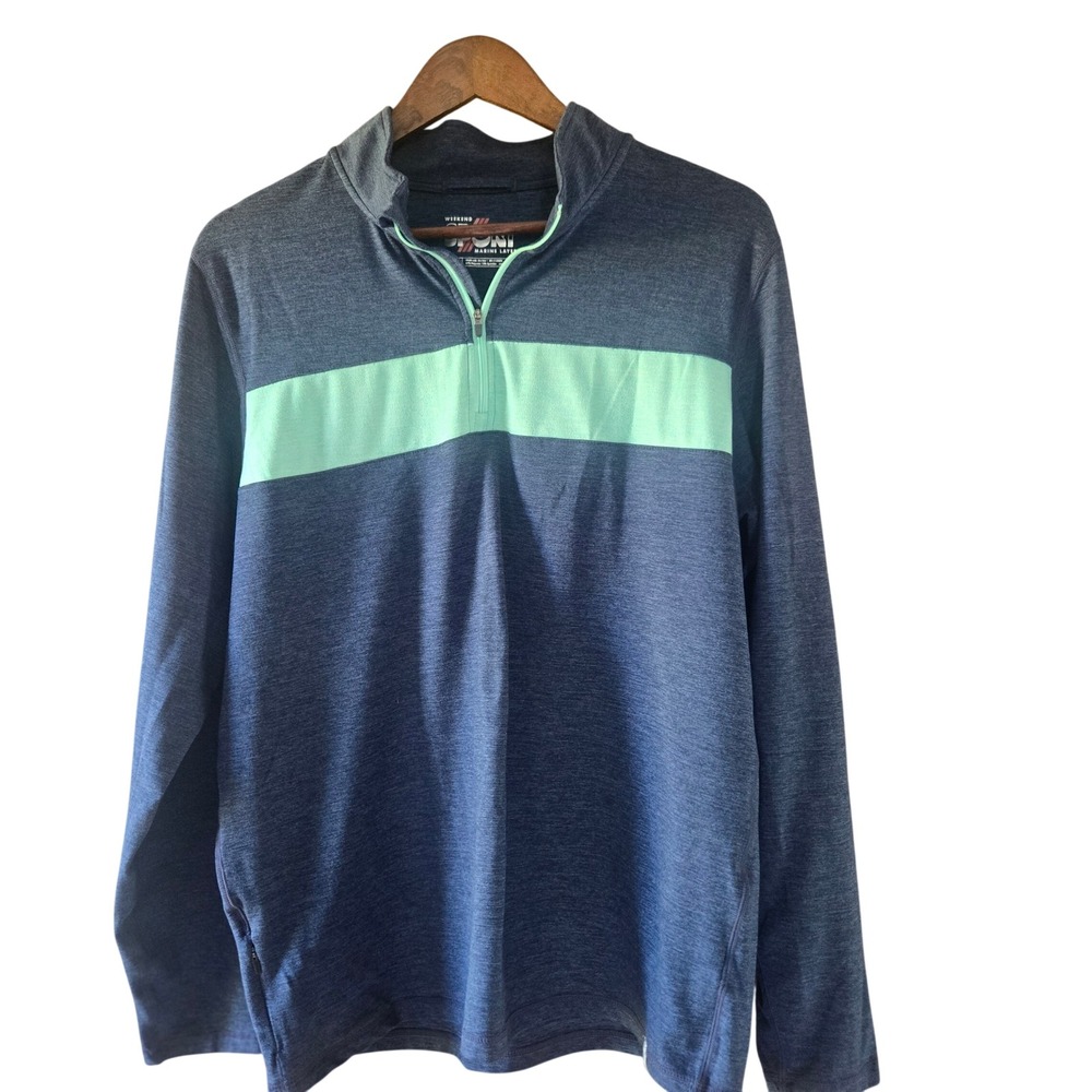 Marine Layer Weekend Sport Mens Large Navy Mint Stripe Quarter Zip Pullover